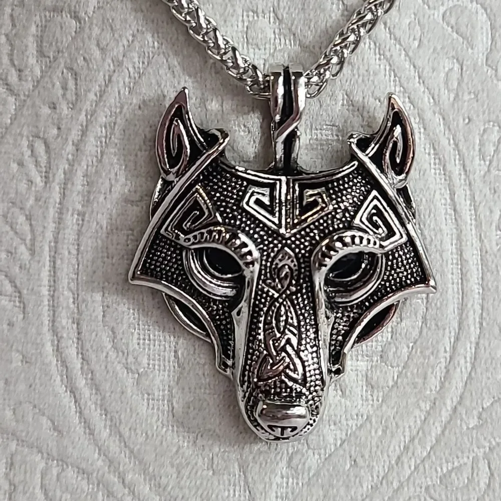Nordic Viking Fenrir Wolf Head Stainless Steel Pendant Men's Necklace Norse NEW